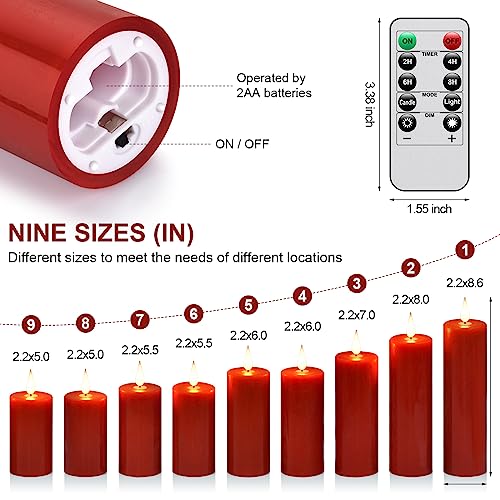 Image of Flameless Flickering Battery Operated Candles 9PACK Real Wax Pillar LED Candles with 10-Key Remote Control and 24 Hours Timer for Wedding, Party, Home Decoration (Red)