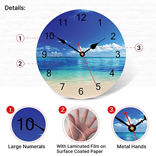 Image of TAHEAT Blue Peaceful Sea Wall Clock, Silent Non Ticking Beautiful Sky Beach Round Clocks, Easy to Read Decorative Wall Clock for Kitchen Bathroom Living Room Home Art Decor, 14 Inch