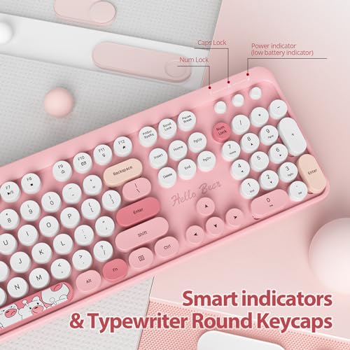 Image of Fogruaden Wireless Keyboard and Mouse Combo, Pink Retro Typewriter Keyboard, 2.4GHz Full Size Round Keycap Cute Computer Keyboard with Number Pad, Pink Colorful Keyboard for Windows PC Laptop(Pink)