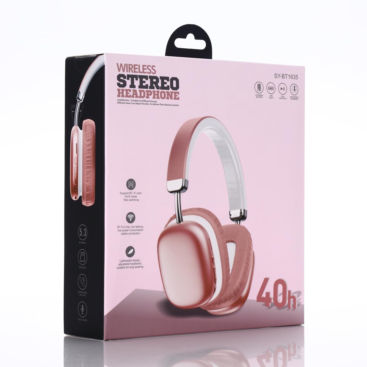 BT1635 Wireless Bluetooth Headphones, Over-Ear Design, Padded Comfort Cushions,Long battery life of 40 hours, sweat and stain resistant, adjustable headband, classic design, colorful color (pink) 3