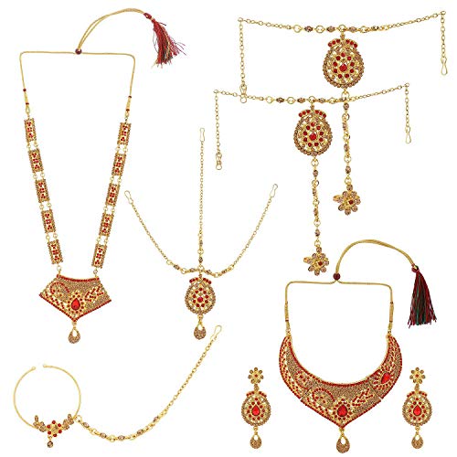 Efulgenz Indian Jewelry Bollywood Bridal Wedding Rhinestone Crystal Necklace Earring Maang Tikka Head Chain Nose Ring Bracelet Jewelry Set