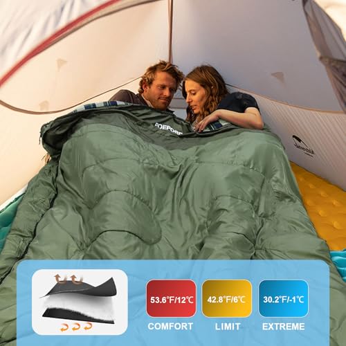 Image of Double Sleeping Bag Flannel for Adults with 2 Pillows 2 Person Sleeping Bags Camping XXL Queen Size Two Person Sleeping Bag for Cold Weather