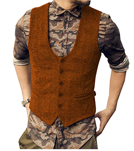 Jiaoyunshi Men Suit Vest Casual Herringbone Wool Blend U Neck Wedding Groomsmen Tweed Waistcoat for Men
