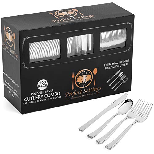 Perfect Settings 300 Piece Silver Plastic Cutlery Strong Heavy Duty Silverware Disposable Set Elegant Design Flatware Utensils Weddings Parties (Smooth Edge)