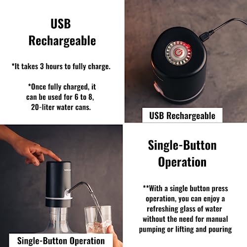 Image of InstaCuppa Automatic Water Dispenser for 20 Liter Cans, Child Lock, USB Rechargeable Pump, Stainless Steel Outlet, LED Display, Portable for Home, Office, Camping, Black