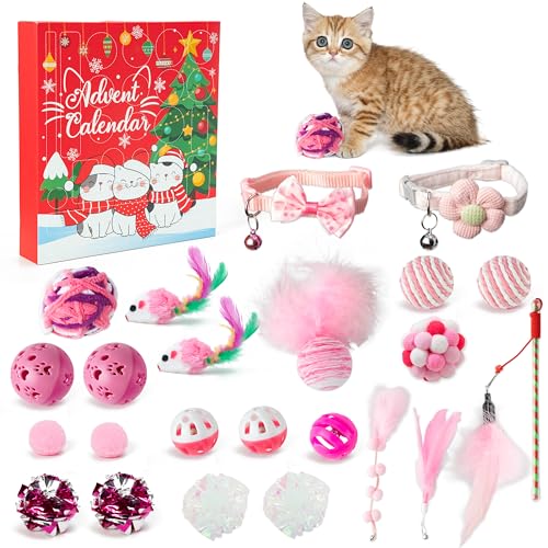 WATINC Christmas Cat Advent Calendar - 2025 Xmas Countdown Gift with Assorted Interactive Catnip Toy Mice Feather Teaser Collars and Ball Bells 24-Day Pink Kitten Calendars for Cats Lovers Women