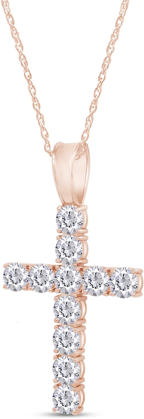 SAVEARTH DIAMONDS 1 Carat Round Cut Lab Created Moissanite Diamond Cross Pendant Necklace In 10K Or 14K Solid Gold Jewelry With 18" Chain (VVS1 Clarity, 1.00 Cttw)