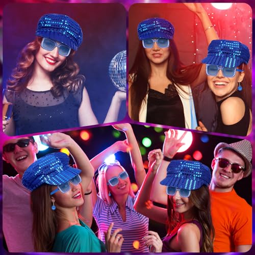 Dreamtop 3Pcs 70s Sequin Hat Abba Hat Abba accessories Women Disco Accessories with Sequins Hat Sunglasses Earrings Disco Costume Set for Women Theme Party Birthday Dance