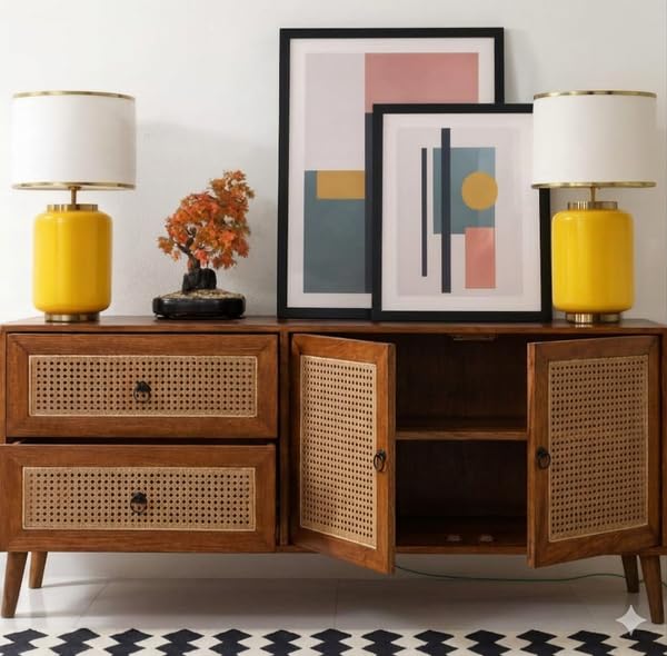 Image of Solid Sheesham Wood Sideboard Cabinet For Living Room | Wooden Cane Design Cabinet With 2 Drawers & 2 Door Storage | Mid Century Modern Sideboard For Hallway, Office, & Lounge | Natural Finish