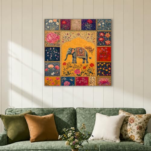 Image of PAINTINGMANTRA Elephant Vastu Madhubani Canvas Wall Painting for Living Room | Ethnic Indian Elephant Wall Art for Home Decor | Office Size : 22x22 inch Gallary Wraped