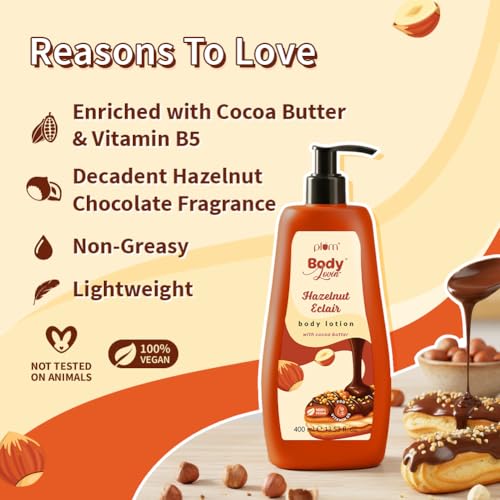 Image of Plum BodyLovin' Hazelnut Eclair Body Lotion | Cocoa Butter & Vitamin B5 for Deep Moisturization | Hazelnut & Vanilla Notes | Non-Greasy & Lightweight | Soft, Smooth & Glazed Skin | For Dry To Very Dry Skin | Toasted Nutty Choco-Vanilla Fragrance | 400ml