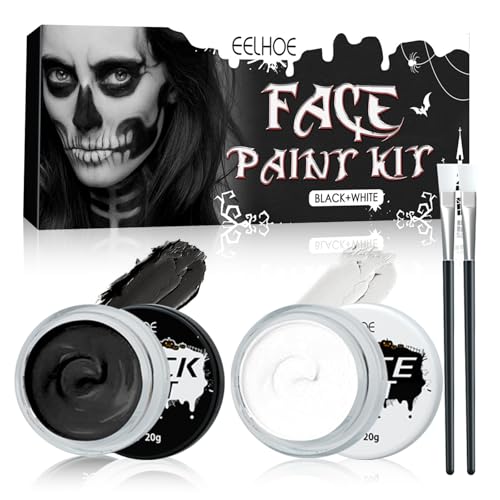 Black White Face Body Paint, 2 PCS White Black Face Body Painting Oil Based Cream Palette Kit for Halloween Cosplay, Special Effects SFX Makeup Kit with Paint Brushes for Adults Kids