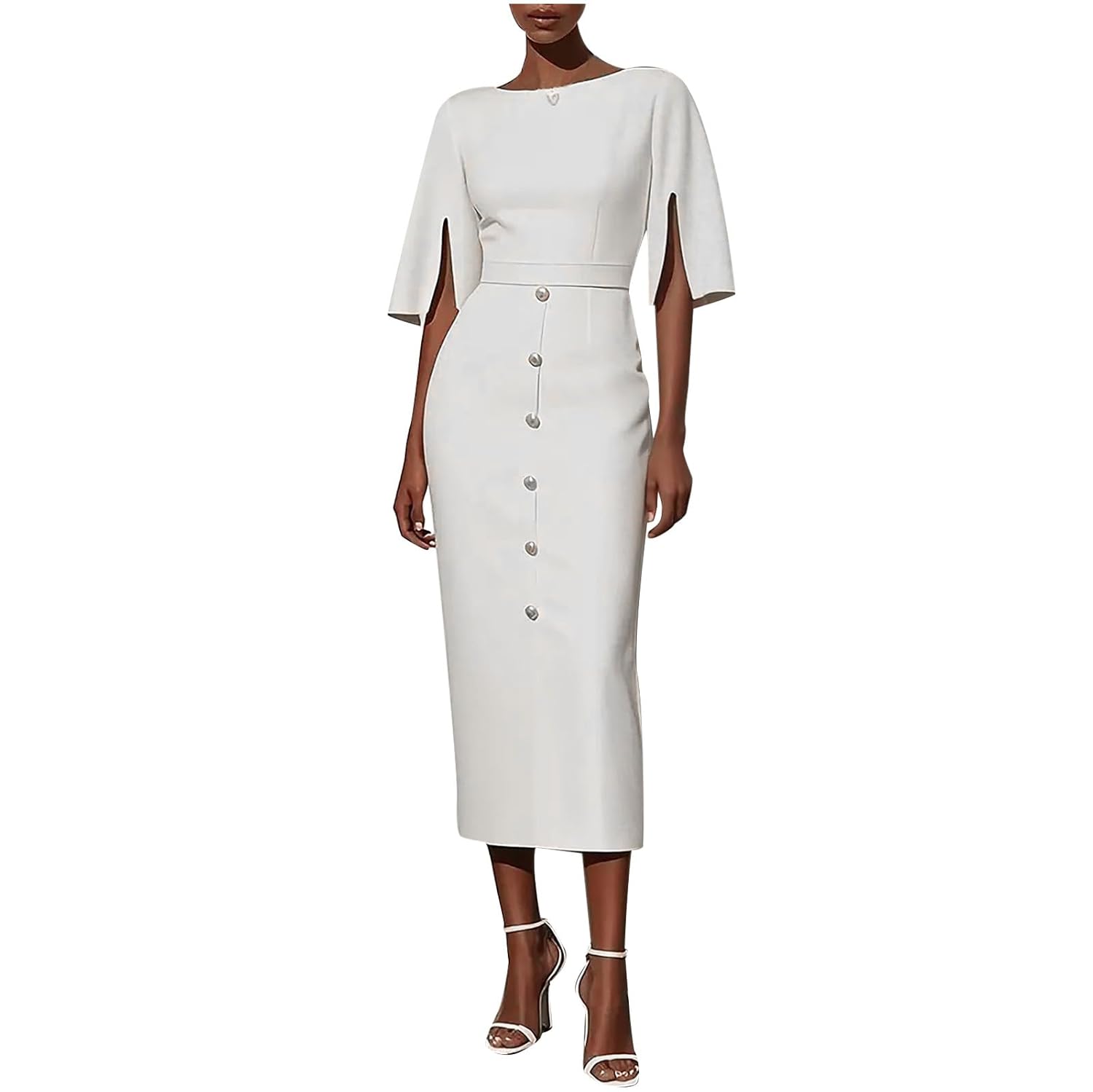 Womens Work Dresses Slit Sleeve Fall Button Crew Neck Elegant Business Office Bodycon Dresses Winter Formal Dress