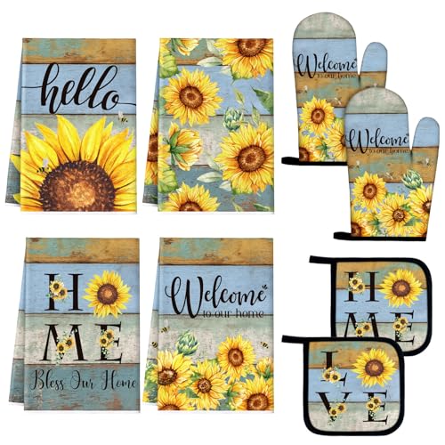 Leinuosen 8 Pcs Rustic Sunflower Kitchen Towels Dishcloths Accessories Set