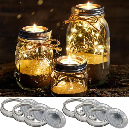 6 Sets Mason Jar Tea Light Candle Holder Lid Inserts Mason Jar Replacement Rings Farmhouse Decor for Home Party Wedding Rustic Regular Mouth Compatible with Tea Light Candles up to 1.5 Inch Diameter
