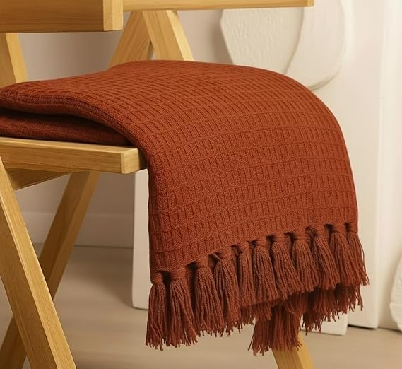 Knitted Throw Blanket with Tassels, Rust Orange, Waffle Textured, Cosy Sofa Decor-image-24