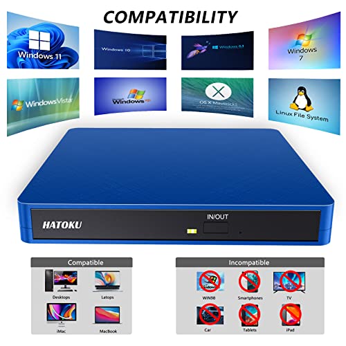 Image of HATOKU External CD /DVD Drive for Laptop (USB 3.0 & USB-C): 8X DVD /24X CD Burner - Portable DVD Player for Laptop - Plug & Play External CD Drive for PC Desktop Windows 11 10 8 7 MacOS Linux (Blue)