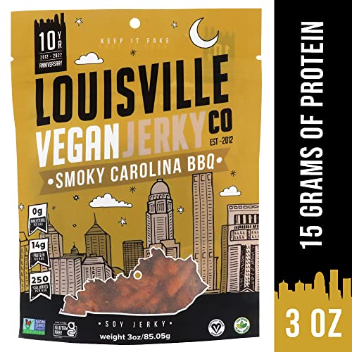Louisville Vegan Jerky - Smoky Carolina Bbq, Vegetarian & Vegan-Friendly Jerky, 15 Grams Of Non-Gmo Soy Protein, 300 Calories Per Bag, Gluten-Free Ingredients (3 Oz) #TOP2