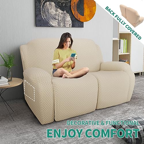 Image of YEMYHOM 6 Pieces Stretch Loveseat Recliner Slipcover Jacquard Recliner Sofa Cover with Side Pocket Fitted Recliner Cover Couch Furniture Protector with Elastic Bottom (Loveseat Recliner, Beige)