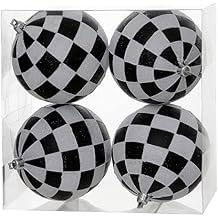 Vickerman 4" Black & White Checkered Glitter Ball - 4 per Box - Matte, Glitter Pattern - Festive Ornaments - Christmas