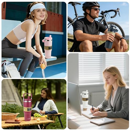 SIMPLE DRINK 30oz Flip Straw Insulated Water Bottle with Handle, Leak Proof Stainless Steel Travel Tumbler With Lid, Double Wall Vacuum Iced Coffee Travel Mug, Sport Cup, Outside use