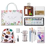 Mini Wooden Watercolor Paint Set - Pocket Travel Art Kit with 12 Colors, Portable Palette with Brushes, Clip, Sketchbook, Wristband, Cup, Storage Bag & Bookmarks, Gift for Art Lovers Artists