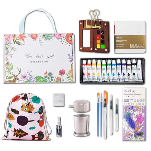 Mini Wooden Watercolor Paint Set - Pocket Travel Art Kit with 12 Colors, Portable Palette with Brushes, Clip, Sketchbook, Wristband, Cup, Storage Bag & Bookmarks, Gift for Art Lovers Artists