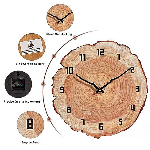 Rustic Wall Clock Silent 12 Inch Battery Operated Wooden Home Decor for Bathroom Kitchen Bedroom Living Room,Annual Ring - Image 3