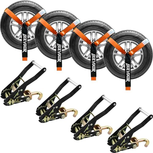 Bolvixor 4 Pack Car Tie Down Straps for Trailers 2 x 96 - 9900LBS Break Strength - Tire Ratchet Straps with J Finger Hooks for Hauling UTV SUV Truck Any Cars