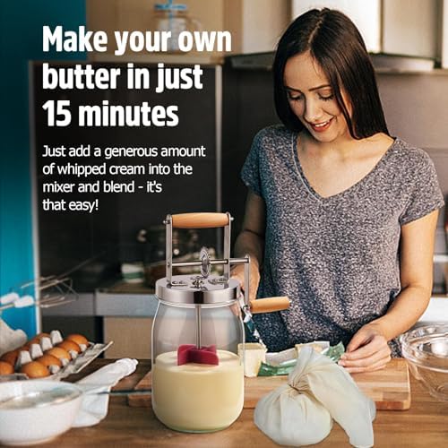 Manuelle Buttermaschine Butterfass Glas 1,5L Handkurbel Edelstahlgetriebe Selbstgemachte Kräuterbutter