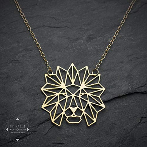 Gold origami lion necklace, geometric 
