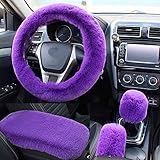 LUOYOYY 1 Set 4 Pcs Fluffy Steering Wheel Cover Set & Handbrake Cover & Furry Auto Center Console Cover & Gear Shift Knob Cover Fashion Winter Warm Steering Wheel Covers Set Universal 15' (Purple)