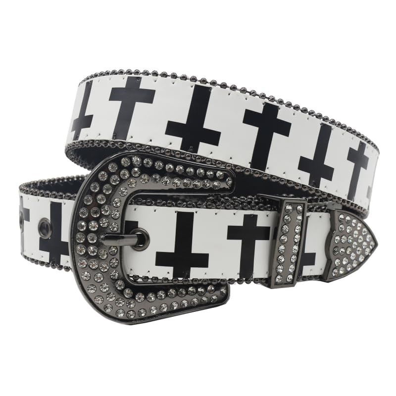 Women's black and white cross pattern belt inlaid with Rhinestone punk Y2K Gothic belt