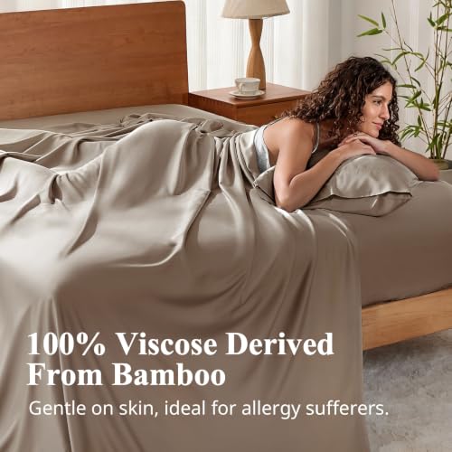 Image of Twin Size Sheet Set, Viscose Bamboo Sheets for Bed Set 3pcs, 100% Viscose Derived from Bamboo, Hotel Luxury Silky & Cooling for Hot Sleepers, Deep Pocket Up to 17 inch, Taupe
