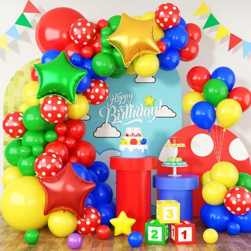 Red Blue Balloon Arch Kit 100 PCS Balloon Garland Kit with Green Red Star Balloons Green Yellow Latex Ballons for Game Theme Birthday Boys Birthday Party Baby Shower Decorations