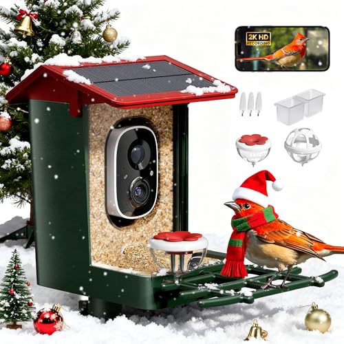Smart Bird Feeder with Camera Solar Powered, 2K HD Video, AI Bird Species Identification, Instant Arrival Alerts, Weatherproof Design for Effortless Birdwatching, Best Gift for BirdLovers, Red