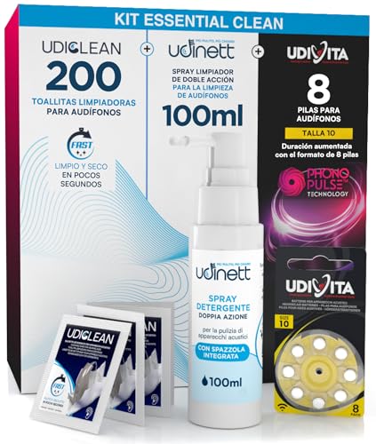 8 Pilas para Audífonos Tamaño 10 PR70 Amarillo + Spray de Limpieza con Cepillo Integrado Udinett Fórmula Delicada 100ml + 200 Toallitas Limpiadoras Udiclean Tamaño de Bolsillo - Kit Essential Clean