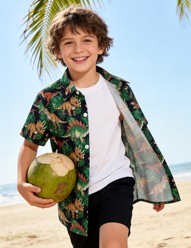Image of Boys Hawaiian Shirt Kids Button Down Aloha Beach Hawaii Tops 5-14Y | Quick Dry, Breathable, Cooling & Lightweight, For Summer Vacation Holiday, Fourth of July, Youth, Teen, Shark, Dinosaur