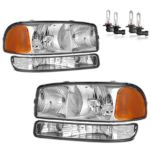Headlights Assembly for 99-07 GMC Sierra, Compatible with 99-06 GMC Yukon Headlamp Replacement Chrome Housing Driver & Passenger Side