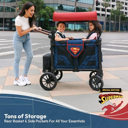 Image of WONDERFOLD W2 Luxe Pro Special Edition Superman Stroller Wagon (2 Seater) - Collapsible Wagon Stroller with Seats with 5-Point Harnesses, Easy Access Zipper Door, and Removable Sun Canopy