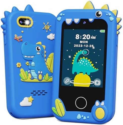 KOKODI Kids Dinosaur Smart Phone Toy, Touchscreen HD Dual Camera Pretend Play Phone for Kids, 3-10 Years, Blue, 8GB SD Card, 13 Pre-installed Games, Silicone Case
