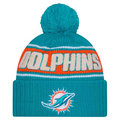 New Era Unisex-Adult NFL Official Sideline Team Logo Sherpa Striped Pom Beanie Cold Weather Knit Hat (Miami Dolphins - Aqua)