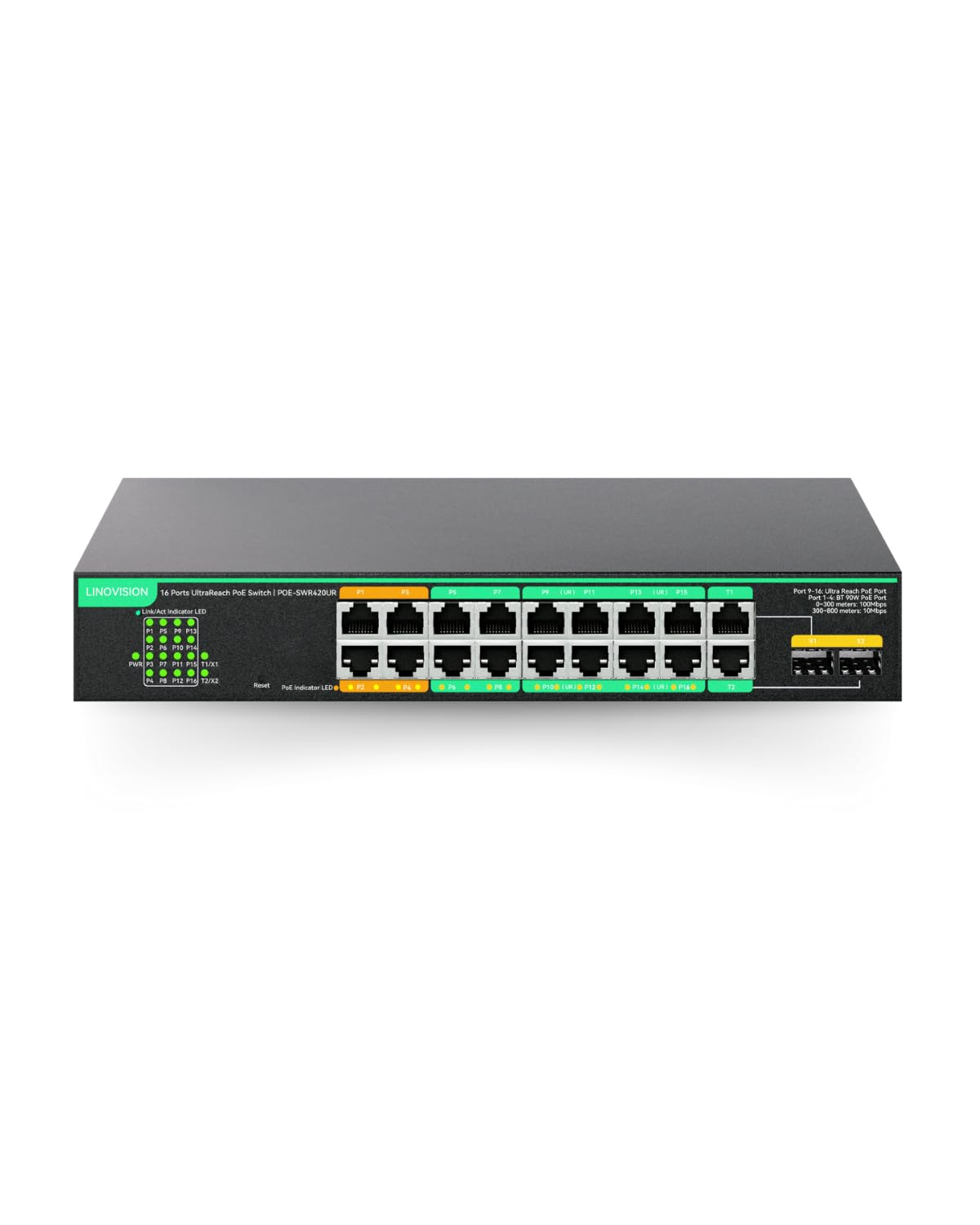 LINOVISION Switch PoE de 16 Puertos y Alcance Ultra Largo con gestión remota en la Nube, transmisión de Datos y PoE de Largo Alcance de hasta 800m, 4 Puertos BT de 90W y 12 Puertos AT de 30W