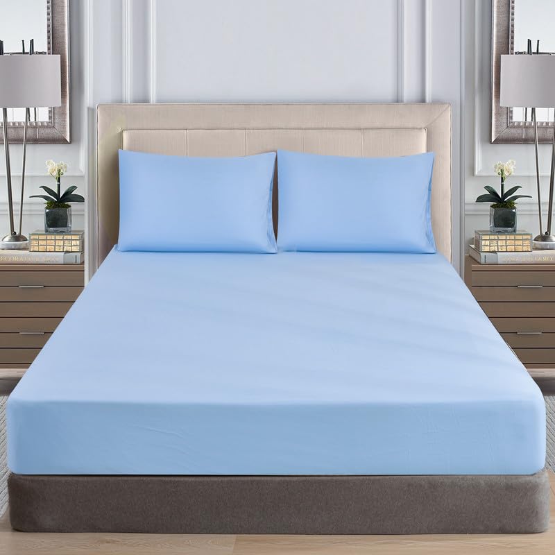 WEAVERS: Extra Deep Fitted Sheet - Super Soft Luxurious Microfiber, 40cm Deep Pockets, Elasticized design that ensures a snug fit. (Colour Sky Blue Size Single)