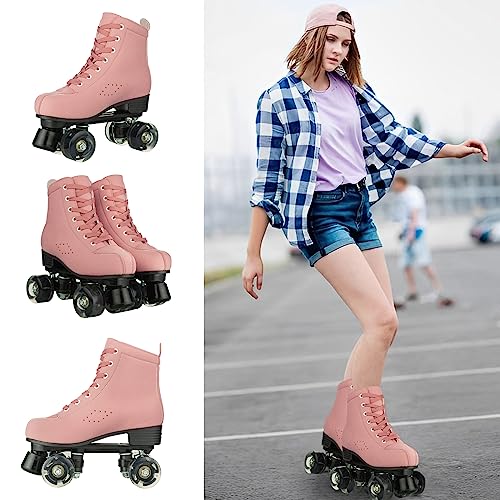 Yyw Roller Skates For Women Men High Top Shoes Double Row Shiny Four Wheel Unisex Pu Rubber Skates For Beginner Indoor Outdoor (Orange Pink Flashing Wheel,Us40- Women's 9/Men's 7.5) #TOP1