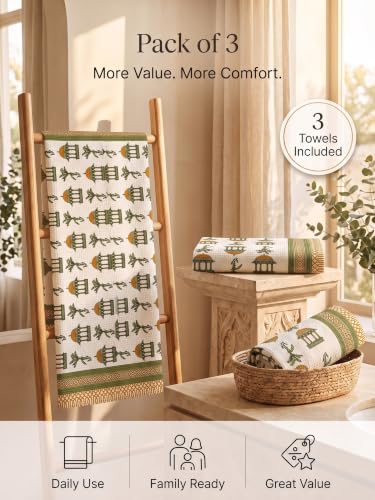 Image of Mafatlal Madhuban 250 GSM Premium Waffle Weave Cotton Bath Towels Pack of 3 | 147 x 76 cm |Fast Dry & Lightweight | Floral Pattern | Mustard Yellow