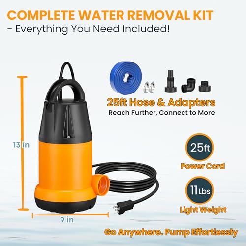 Image of Sump Pump Submersible With 25Ft. Hose, Submersible Pump, 25Ft Cord, 4000GPH