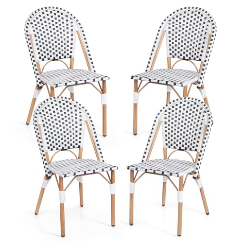 Tangkula French Bistro Chair Set of 4, Outdoor Armless Dining Chairs with Hand-Woven Rattan, Accent Chairs with Galvanized Metal Frame for Garden Kitchen Backyard Porch (Black & White)