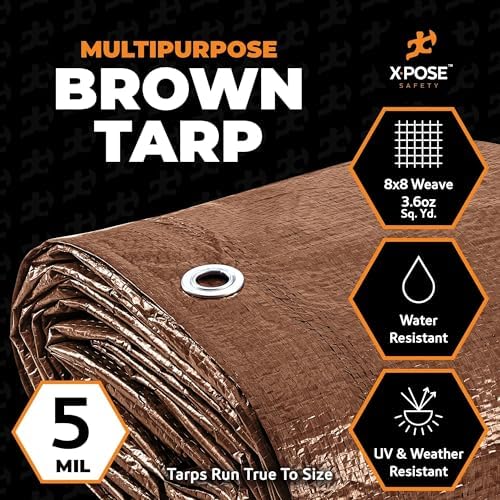 Multipurpose Protective Cover Brown Poly Tarp 5' x 7' - Durable, Water Resistant, Weather Resistant - 5 Mil Thick Polyethylene - by Xpose Safety - 2