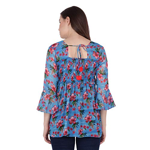 Image of POPWINGS Printed Chiffon Peplum Tops for Women || 3 /4th Sleeves Square Neck Women Tops for Summer || Stylish Western Smocking Women Tops